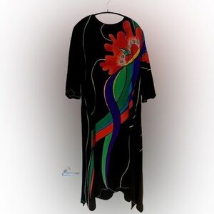 Vintage 80s Yolanda Lorente hand painted silk black dress with vibrant print